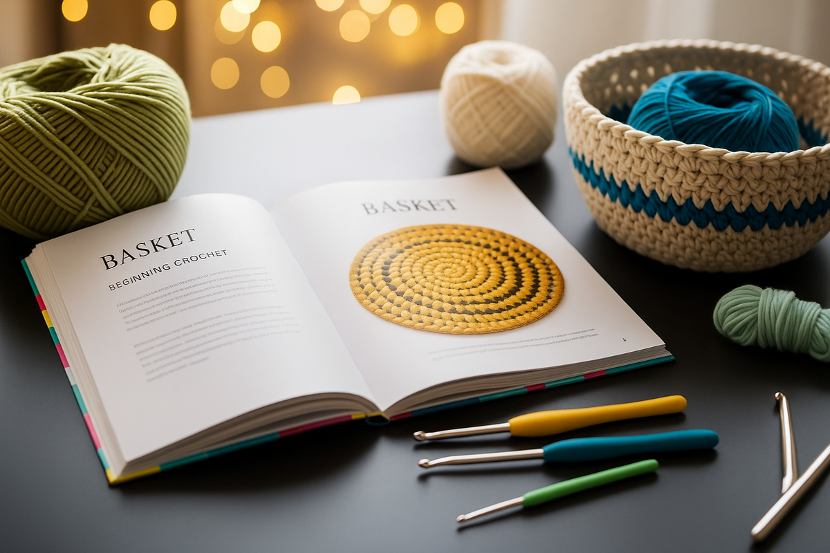 A table with crochet hooks, yarn, and a pattern book open to a basket design